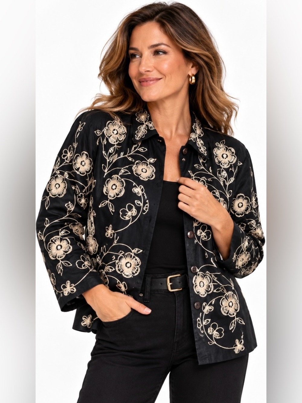 Vintage Life Style Silk Blend Embroidered Floral Jacket Black Ivory Medium